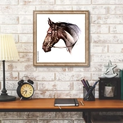«Иллюстрация с головой лошади» в интерьере кабинета в стиле лофт над столом