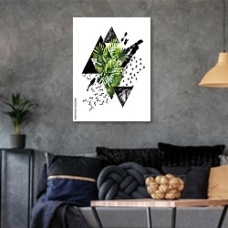 «Современный набор из акварельных листьев и геометрических форм» в интерьере гостиной в стиле лофт в серых тонах