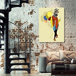 «Забавная зебра с воздушными шарами» в интерьере двухярусной гостиной в стиле лофт с кирпичной стеной