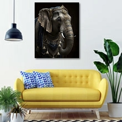 «Слон #2» в интерьере современной гостиной с желтым диваном