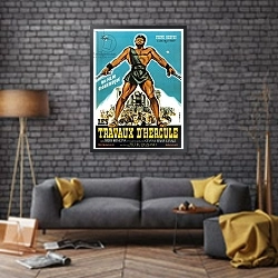 «Movie Poster The Works of Hercules» в интерьере в стиле лофт над диваном