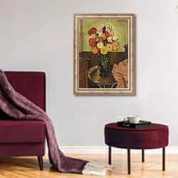 «Vase of Flowers on a Round Table; Vase de Fleurs sur une Table Ronde, 1920» в интерьере гостиной в бордовых тонах