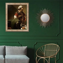 «The Supper at Emmaus, 1601 7» в интерьере классической гостиной с зеленой стеной над диваном