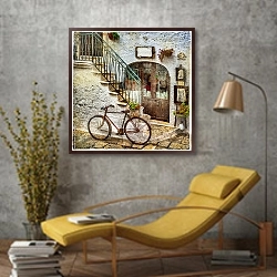 «Старая улочка Италии, ретро-фото» в интерьере в стиле лофт с желтым креслом
