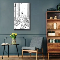 «Париж в Ч/Б рисунках #20» в интерьере в стиле ретро с бирюзовыми стенами