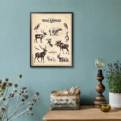 «Ретро постер с дикими животными» в интерьере в стиле ретро с бирюзовыми стенами