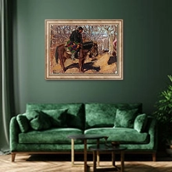 «Indian On Horseback» в интерьере зеленой гостиной над диваном