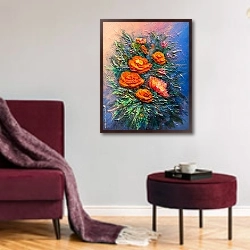 «Букет оранжевых цветов на синем фоне» в интерьере гостиной в бордовых тонах