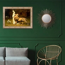 «Una and the Lion, from Spenser's Faerie Queene, 1880» в интерьере классической гостиной с зеленой стеной над диваном