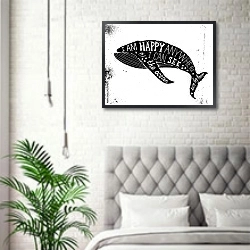 «Типографский плакат с китом» в интерьере спальни в скандинавском стиле над кроватью