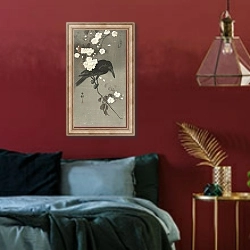 «Crow with cherry blossom» в интерьере спальни с акцентной стеной