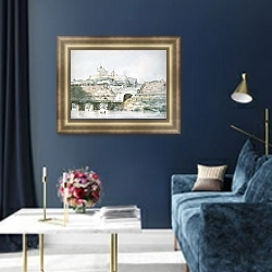 «Вид Смоленска» в интерьере гостиной с розовым диваном