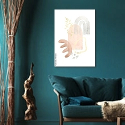 «Композиция с золотой ветвью 22» в интерьере зеленой гостиной в этническом стиле над диваном