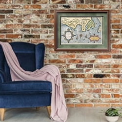«Dutch Trade map of the Baltic Sea» в интерьере в стиле лофт с кирпичной стеной и синим креслом