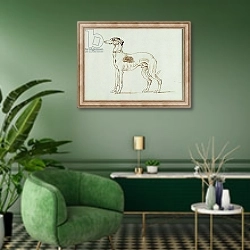 «A Greyhound, Facing Left» в интерьере гостиной в зеленых тонах