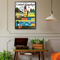 «Англия, туристический плакат» в интерьере комнаты в стиле ретро над тумбой