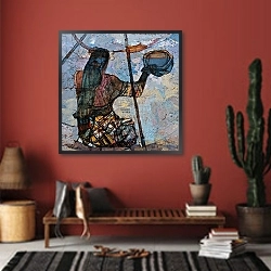 «A Fishing Woman» в интерьере прихожей в этническом стиле с красной стеной