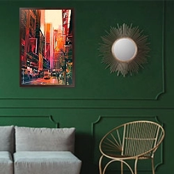 «Городская улица с офисными зданиями» в интерьере классической гостиной с зеленой стеной над диваном