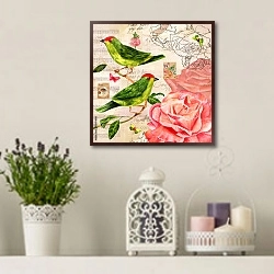 «Коллаж с розами, птицами, бабочками и почтовыми марками» в интерьере в стиле прованс с лавандой и свечами