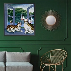 «Bonny and Clyde» в интерьере классической гостиной с зеленой стеной над диваном