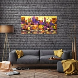 «Красочный абстрактный городской пейзаж» в интерьере в стиле лофт с бетонной стеной