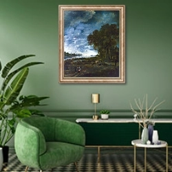 «Вечерний пейзаж с рекой» в интерьере гостиной в зеленых тонах