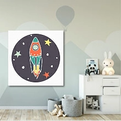 «Нарисованная ракета» в интерьере детской комнаты для мальчика с росписью на стенах