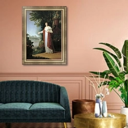 «Портрет Дарьи Алексеевны Державиной. 1813» в интерьере классической гостиной с зеленой стеной над диваном