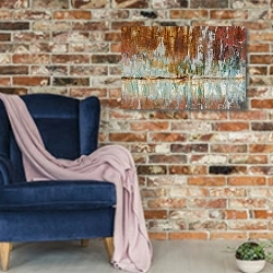 «Метаморфозы железа в природе» в интерьере в стиле лофт с кирпичной стеной и синим креслом