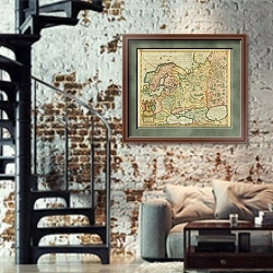 «Карта Российской Империи, европейская часть, включая северную и восточную Европу, 1640 г. 1» в интерьере двухярусной гостиной в стиле лофт с кирпичной стеной