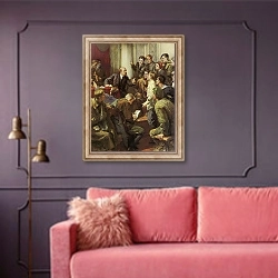 «Lenin surrounded by soviet youth» в интерьере гостиной с розовым диваном