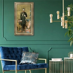 «Portrait of Emperor Nicholas II 1895» в интерьере классической гостиной с зеленой стеной над диваном
