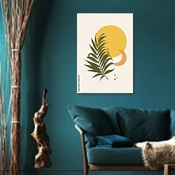 «Утомленное солнце 68» в интерьере зеленой гостиной в этническом стиле над диваном