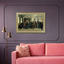 «The Collapse of a Bank, 1881 1» в интерьере гостиной с розовым диваном