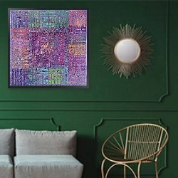 «There is no God but God, 1999» в интерьере классической гостиной с зеленой стеной над диваном