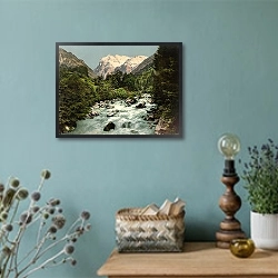 «Швейцария. Река Лютшина и гора Веттерхорн» в интерьере в стиле ретро с бирюзовыми стенами