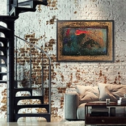 «Golden Rain 2» в интерьере двухярусной гостиной в стиле лофт с кирпичной стеной