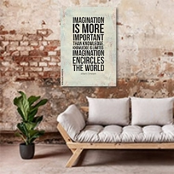 «Мотивационный плакат с цитатой Альберта Эйнштейна» в интерьере гостиной в стиле лофт над диваном