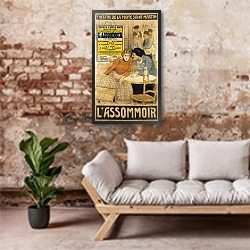 «Poster advertising 'L'Assommoir' by M.M.W. Busnach and O. Gastineau at the Porte Saint-Martin Theatre, 1900» в интерьере гостиной в стиле лофт над диваном