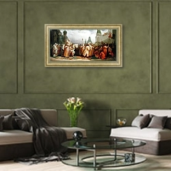 «Palm Sunday Procession under the Reign of Tsar Alexis Romanov 1868» в интерьере гостиной в оливковых тонах