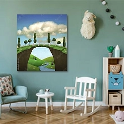 «Сказочный пейзаж с мостиком и речкой» в интерьере детской комнаты для девочки в бирюзовых тонах