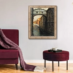 «Venice - the Bridge of Sighs; Venise - Le Pont des Soupirs, 1914» в интерьере гостиной в бордовых тонах