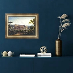«Вид Рима. Колизей. 1816» в интерьере гостиной в оливковых тонах
