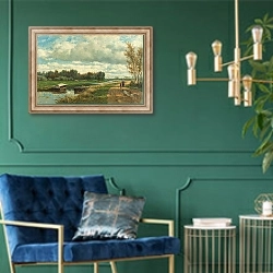«Landscape in the Environs of The Hague» в интерьере в классическом стиле с зеленой стеной