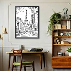 «Париж в Ч/Б рисунках #30» в интерьере в стиле ретро с бирюзовыми стенами