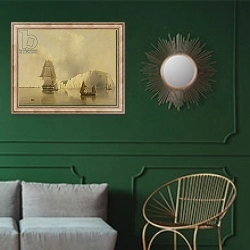 «Off the Needles, Isle of Wight» в интерьере классической гостиной с зеленой стеной над диваном