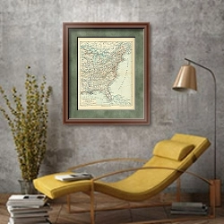 «Карта восточного побережья США, конец 19 в.» в интерьере в стиле лофт с желтым креслом