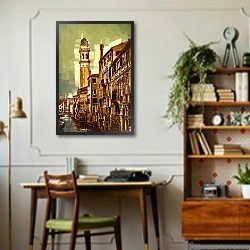«Венецианская улица с каналом» в интерьере кабинета в стиле ретро над столом