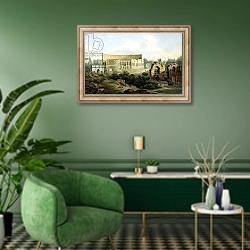 «The Colosseum, Rome, 1802» в интерьере гостиной в зеленых тонах
