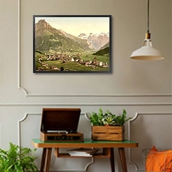 «Швейцария. Город Энгельберг» в интерьере комнаты в стиле ретро с проигрывателем виниловых пластинок